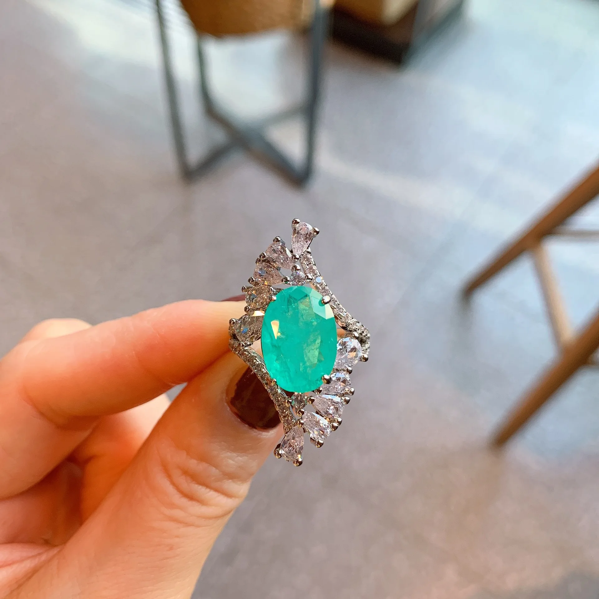 925 Silver New Fashion Paraiba Emerald Zircon Ring For Women's Party Birthday Jewelry Gift Wholesale