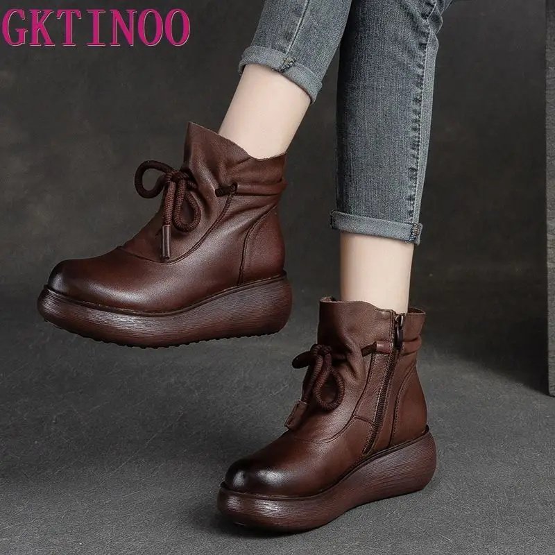 GKTINOO Shoes Women Boots 2025 New Winter Genuine Leather Handmade Round Toe Zip Sewing Wedge Shoes Ankle Platform Boots