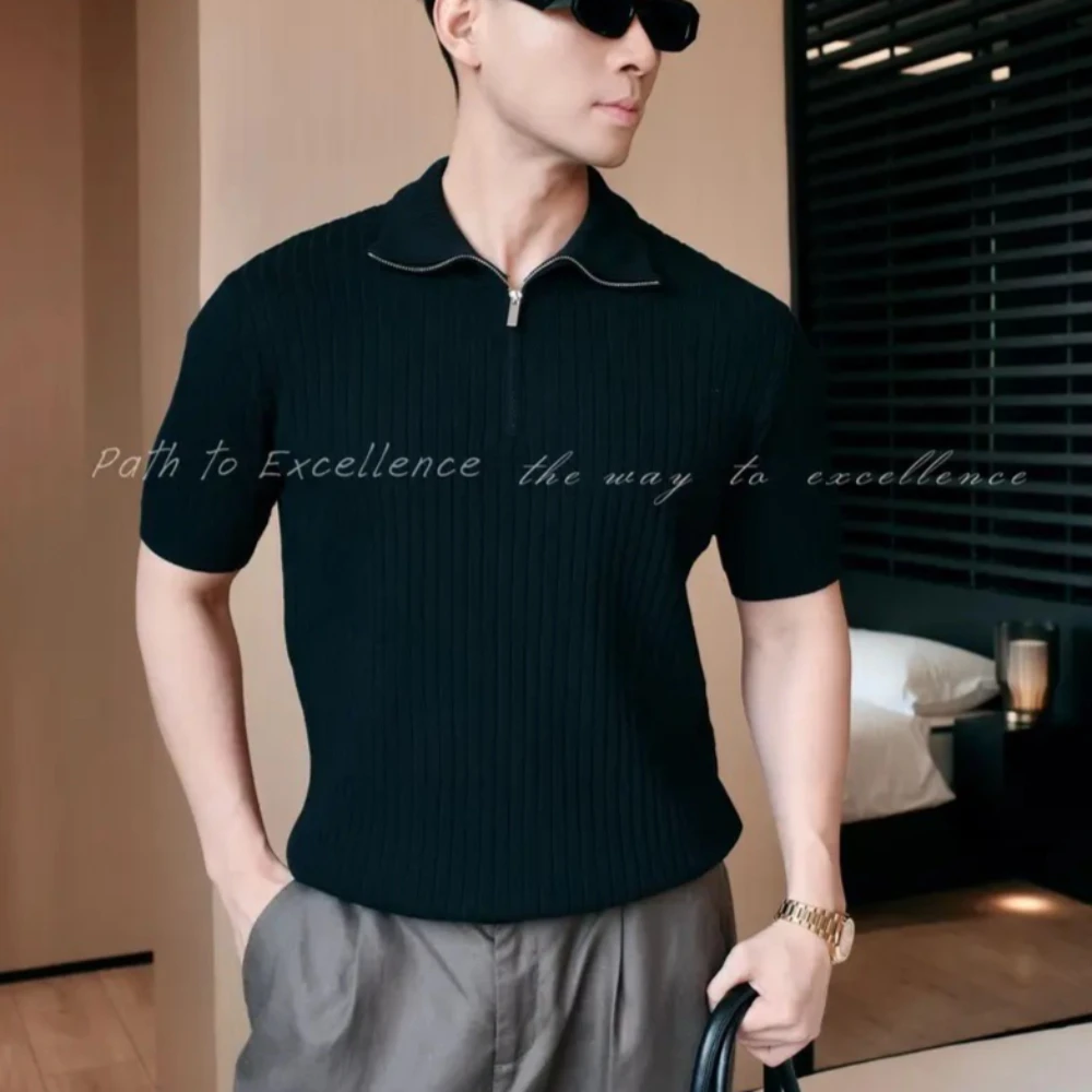 British Style Half Zipper Knitted Polo Shirt for Men Short Sleeved Solid Color Versatile Casual Business T-shirt Men Clothing