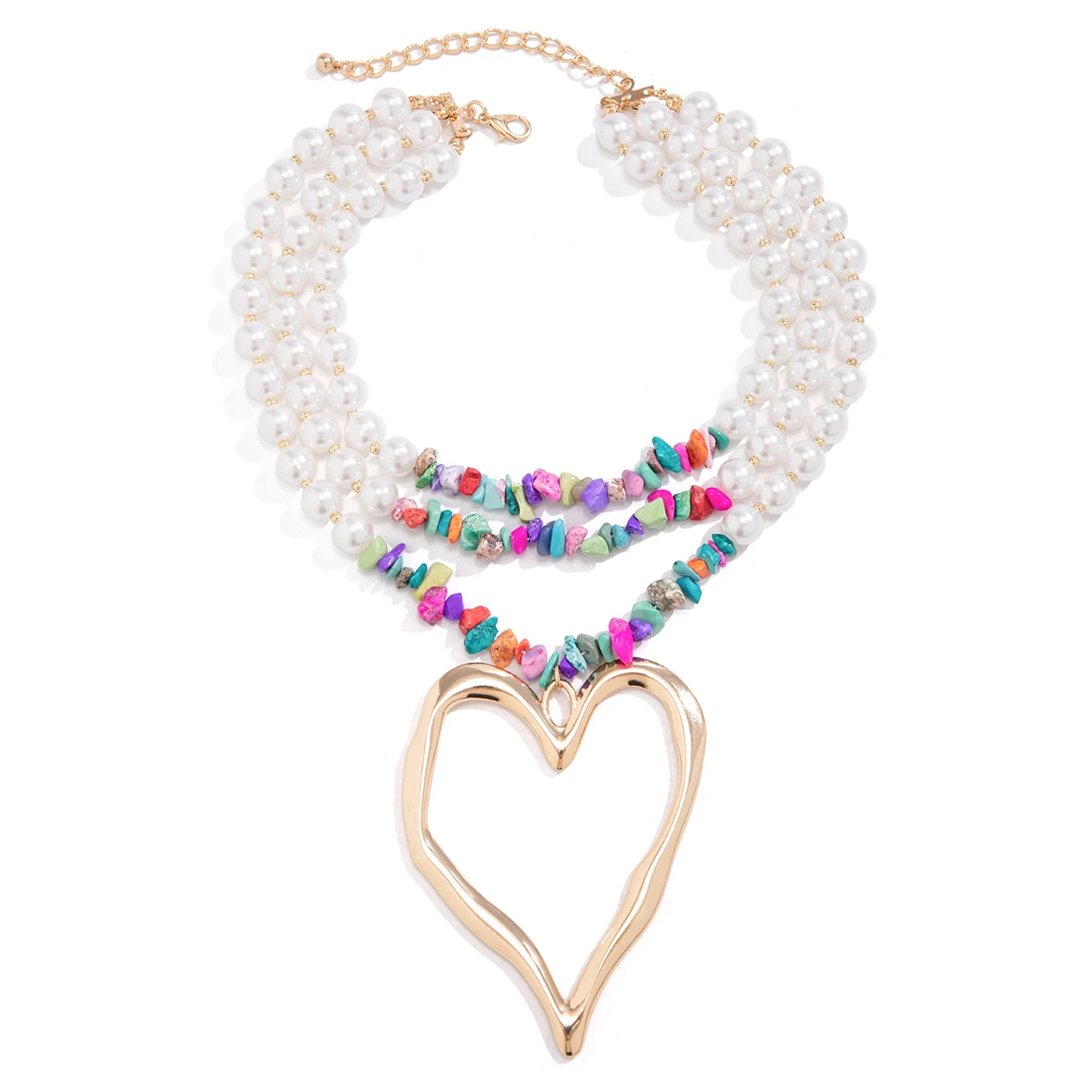 IngeSight.Z Exaggerated Multi-layer Imitation Pearl Large Peach Heart Pendant Necklace Women Bohemian Colored Stone Choker Neck