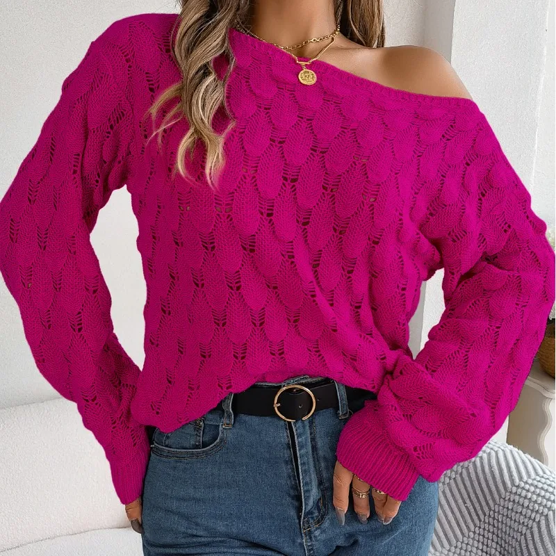 Autumn and Winter Women\'s Pullover Solid Color Hollow Out One Line Neck Off Shoulder Lantern Long Sleeve Sweater Knitted Tops