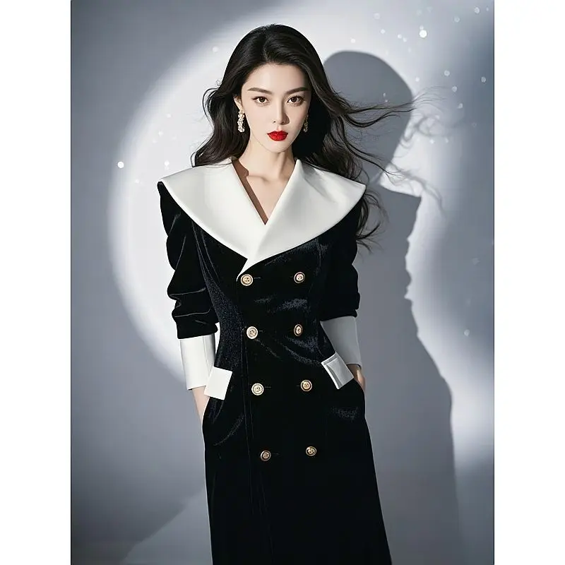 تنورة Ele Bla Velvet Long Dr Hepburn Sle الرسمية Ocn ميدي تنورة ناعمة من مزيج البوليستر ملابس شتوية على شكل حرف a صورة ظلية