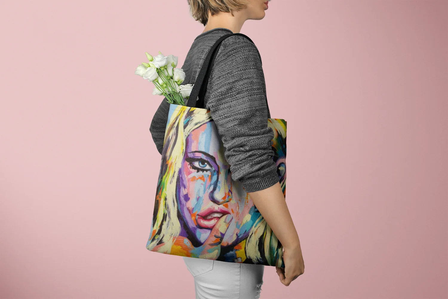 Borsa per la spesa a tracolla grande in tela di moda borsa Gocery Eco pittura a olio faccia da donna tracolla nera Street Style Tote