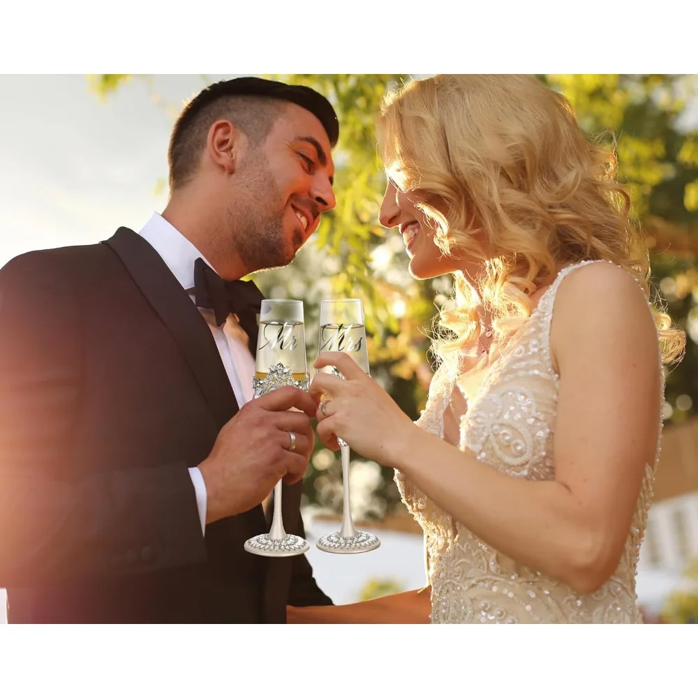 Flautas de champán de cristal de lujo con diamantes de imitación y colgante de pétalos de plata, cuchillo para pastel de boda hecho a mano y juego de servidor, pastel S