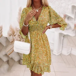 2023 Women Summer Fashion Bohemian Dress Nipped Waist Pullover Deep V Neck Beach Dress Print Short-sleeve Floral Bright Dress