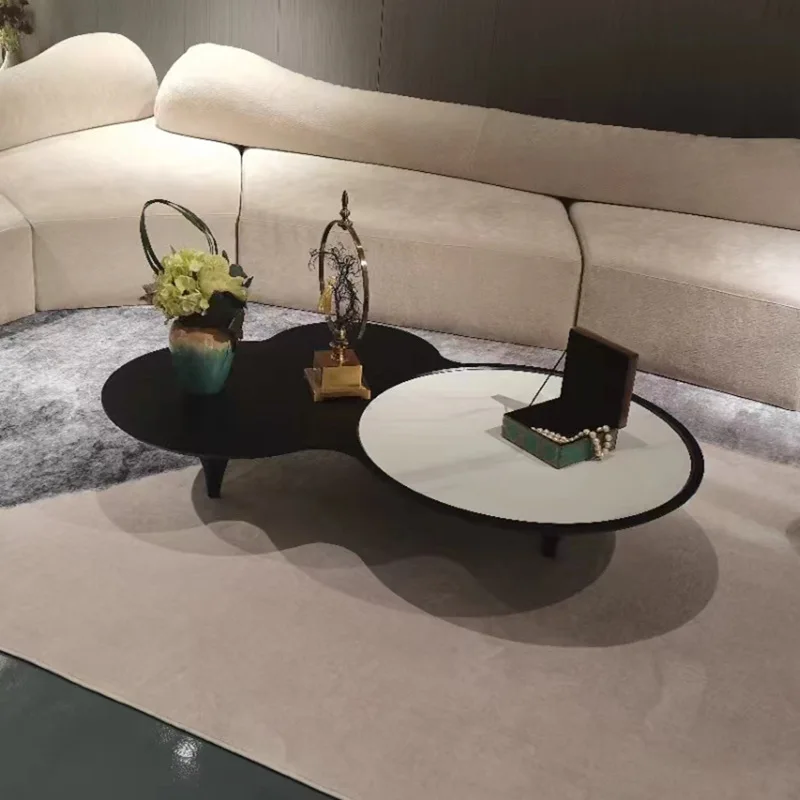 Italian minimalist living room home designer sticker solid wood coffee table white wax wood grain rock slab special-shaped