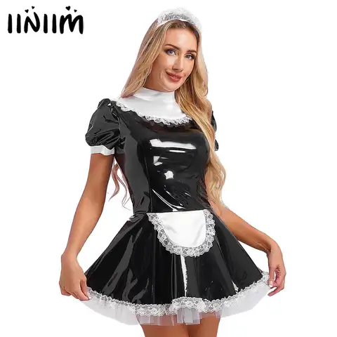 Womens French Apron Maid Cosplay Costume Latex Dress with Lace Headband Ruffles Lace Apron Patent Leather Maid Servant Outfit