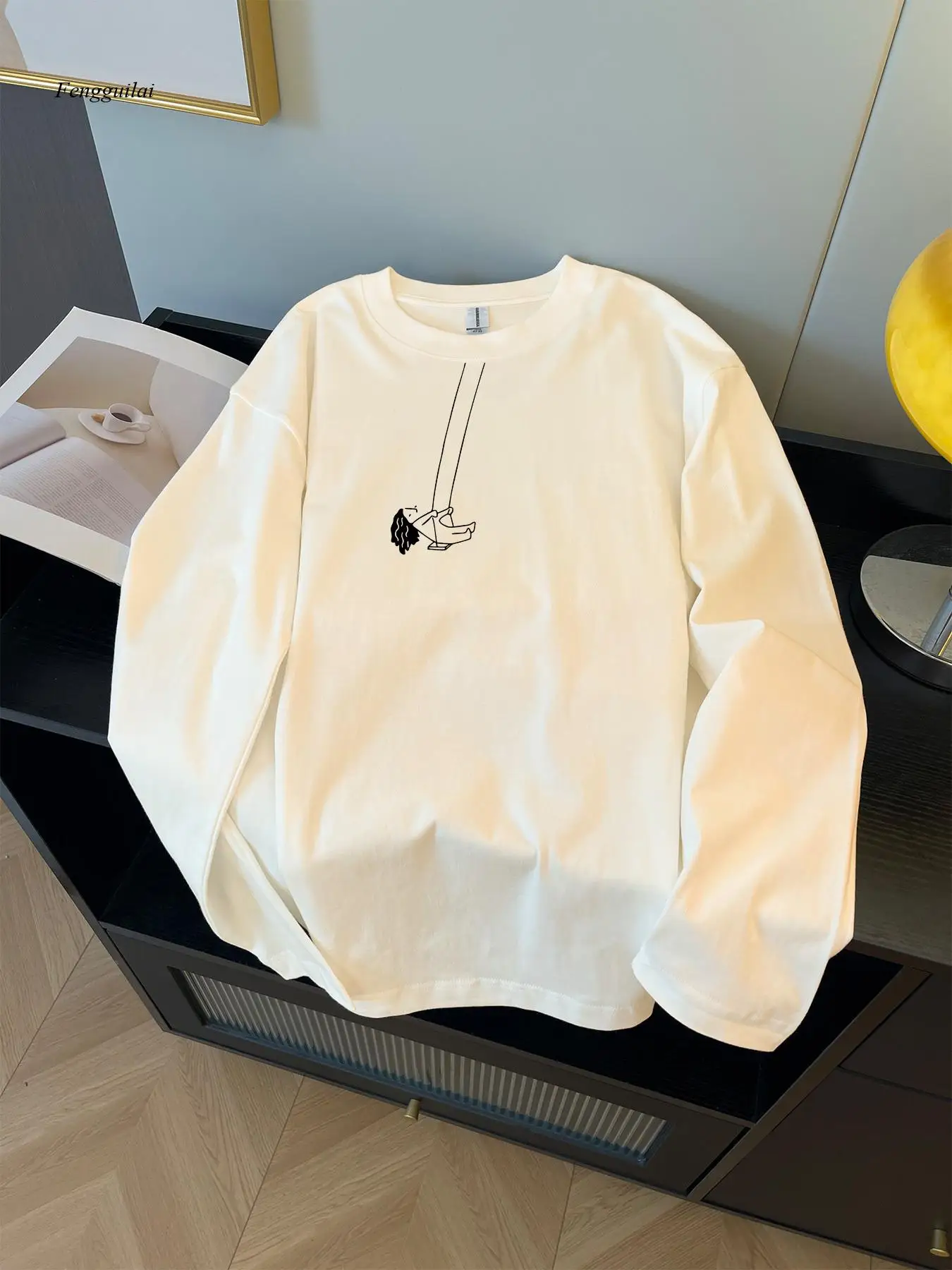 

Повседневная футболка с круглым вырезом и длинным рукавом, новинка с принтом, модный топ на осень/зиму, удобная повседневная одежда