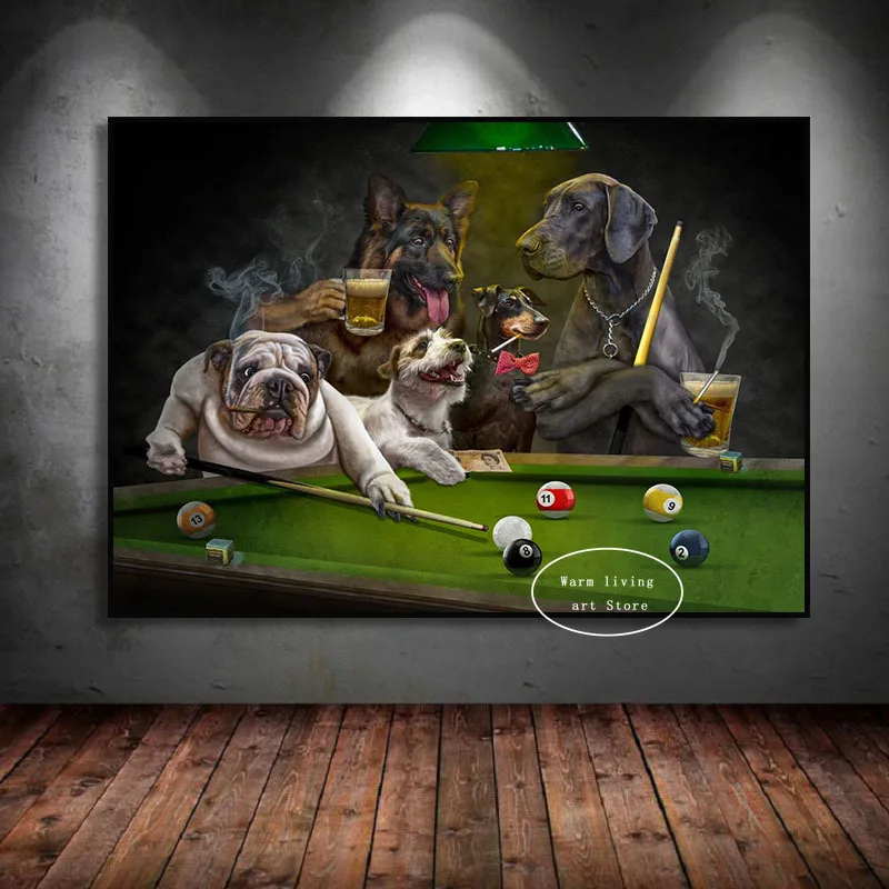 Funny Style Bulldog Dogs Playing Billiard Play Card Smoking Cigar Art Poster Canvas Painting Wall Prints Picture Room Home Decor