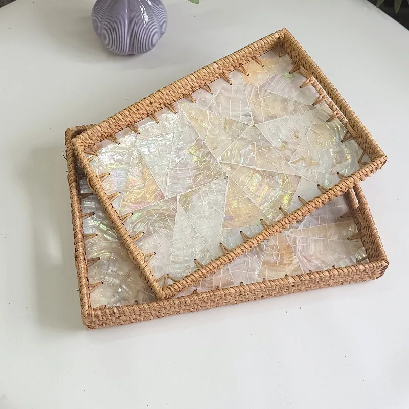 Southeast Asian Vietnamese Rattan & Shell Square Storage Tray, Nordic Style Household Fruit Plate and Tea Tray for Living Room