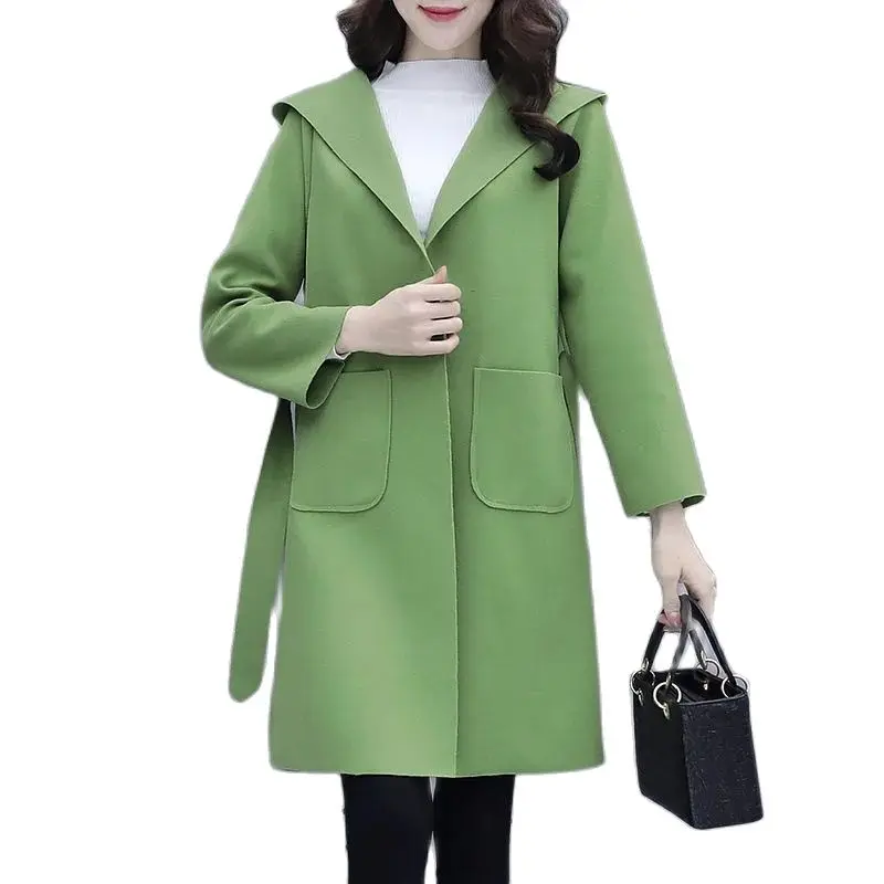 

Fall Winter 2023 New Woolen Women's Long Trench Coat Slim Waist Hooded Solid Color Loose Simple Pocket Outerwear