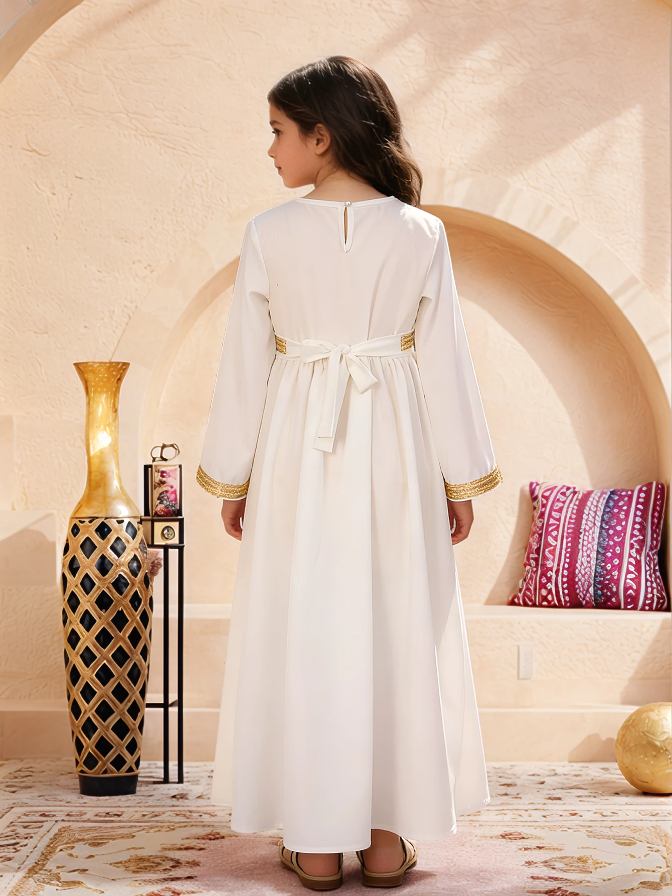 Weißgold Schwer Bestickte Mädchen-Abaya Muslimische Kinder Arabische Robe Tägliches / Festliches Mehrzweck-Outfit – Detail 2