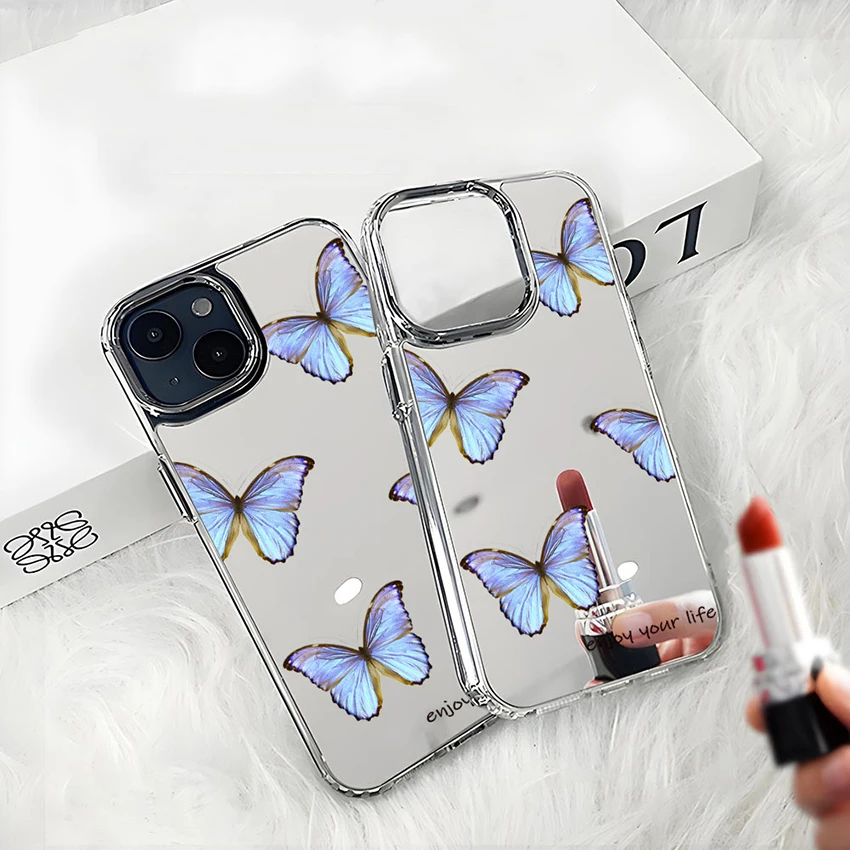 Plated Lens Ring Phone Case For Iphone 16 15 14 17 13 Pro 12 11 Max Plus 16Pro Mirror Phone Case Painted Butterfly 15Pro Cover