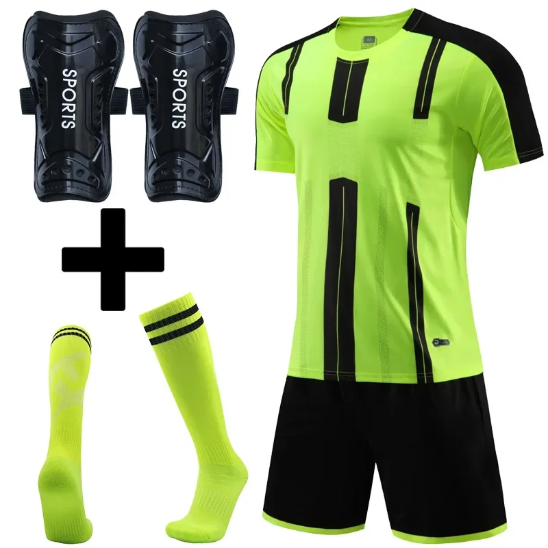 Custom Men Kids Football Jersey Suit Quick Dry Breathable Club School Soccer Team Training Uniforms Football Shin Pads and Socks