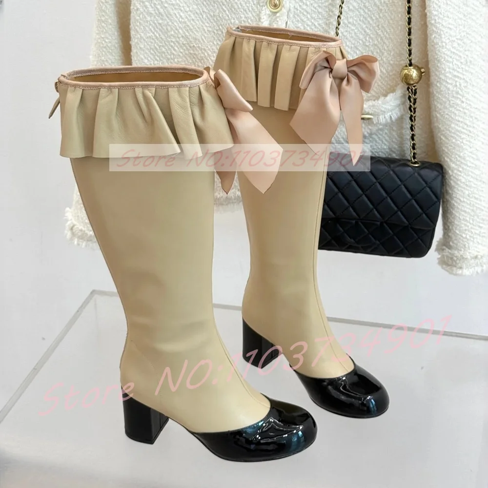 

Ruffled Collar Bow Knee High Boots Women Beige Splicing Round Toe Block Heels Boots Female Retro Elegant Party Boots