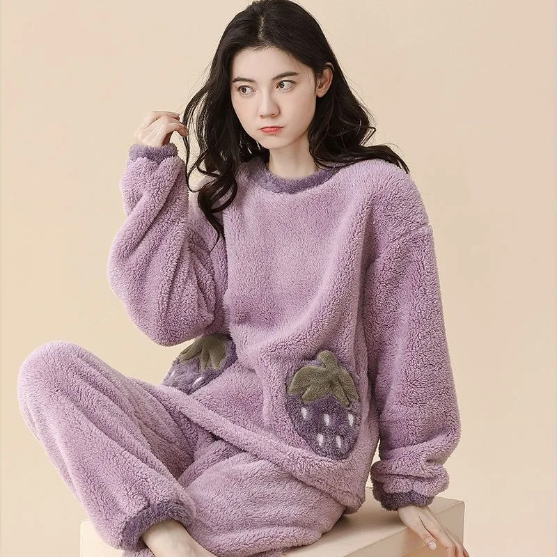 2023 New Coral Fleece Pajama Women's Autumn Winter Thick Loungewear Flannel Sleepwear Solid Color Round Collar Loungewear Set