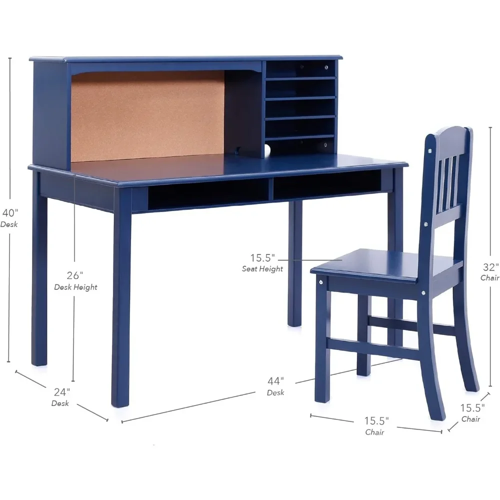 School Desks.Children’s Media Desk and Chair Set Navy: Student's Study, Computer and Writing Workstation with Hutch and Shelves