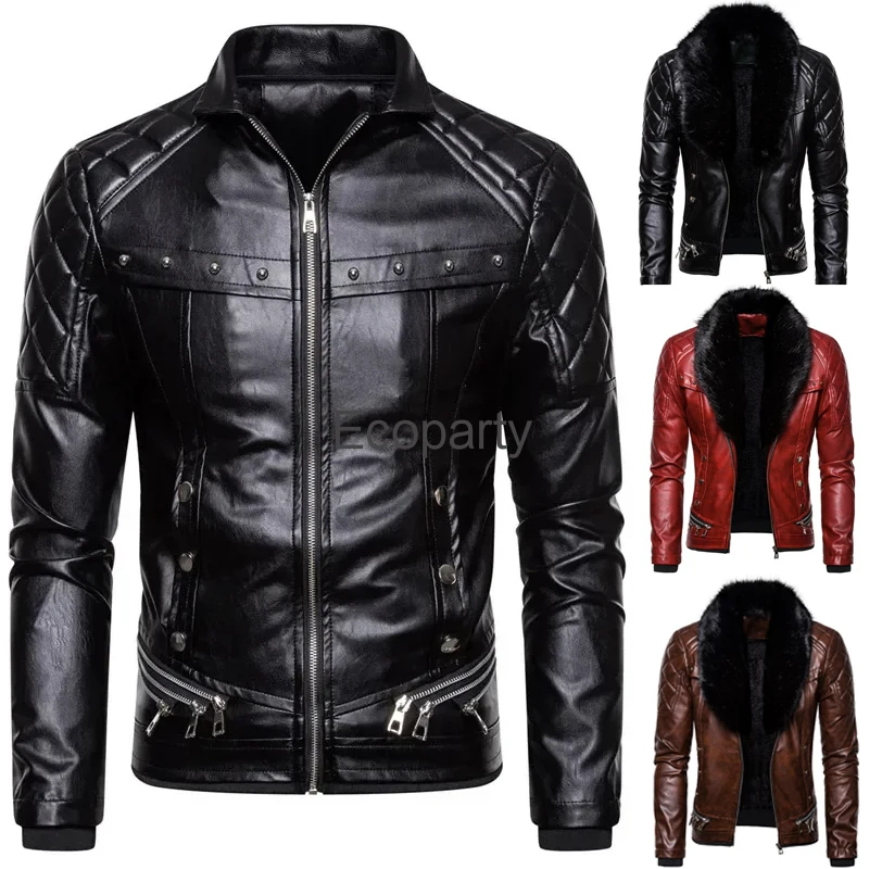 

New Men's Fashion Pu Leather Jacket Autumn Winter Suede Collar Removable Slim Motorcycle Zipper Jackets Men Warm Outwear Coat