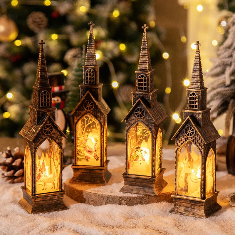 Christmas Candles Light Led Vintage Castle Lantern Light Santa Snowman Hanging Lantern Lamp New Year Party Decor Night Lights