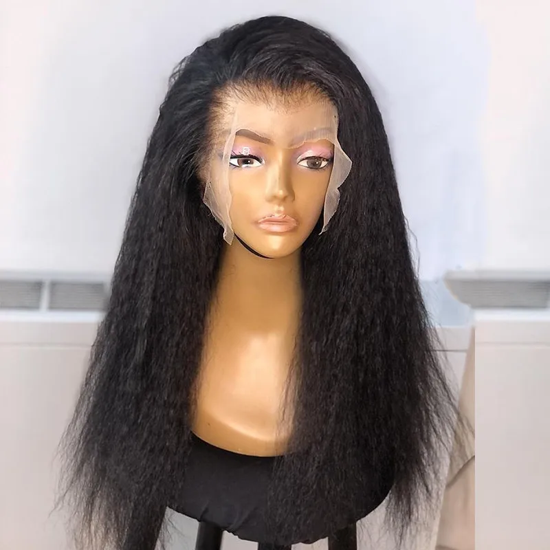 

Soft Natural Black Long 30Inch Yaki Kinky Straight Lace Front Wig For Women With Baby Hair Synthetic Preplucked Glueless Daily