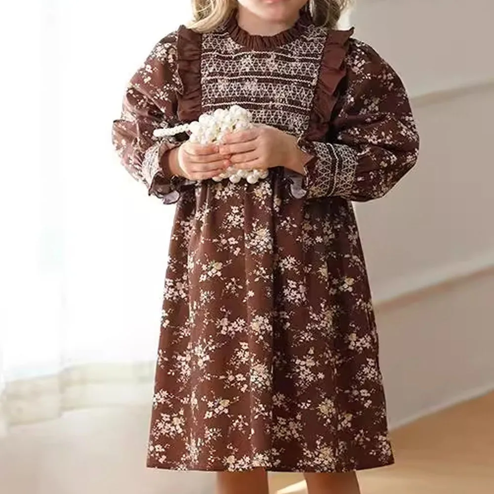 Autumn Baby Girl Clothing Casual Dresses French Vintage Children Princess Dress Fashion Flower Print Long Sleeve Loose Kid Dress