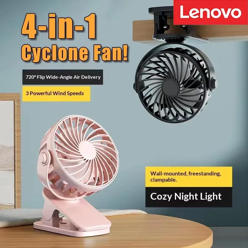 Novo Ventilador Portátil Recarregável com Clip Lenovo 720 °   Ventilador Suspenso Rotativo com Luz Noturna e Resfriador de Ar para Camping ao Ar Livre