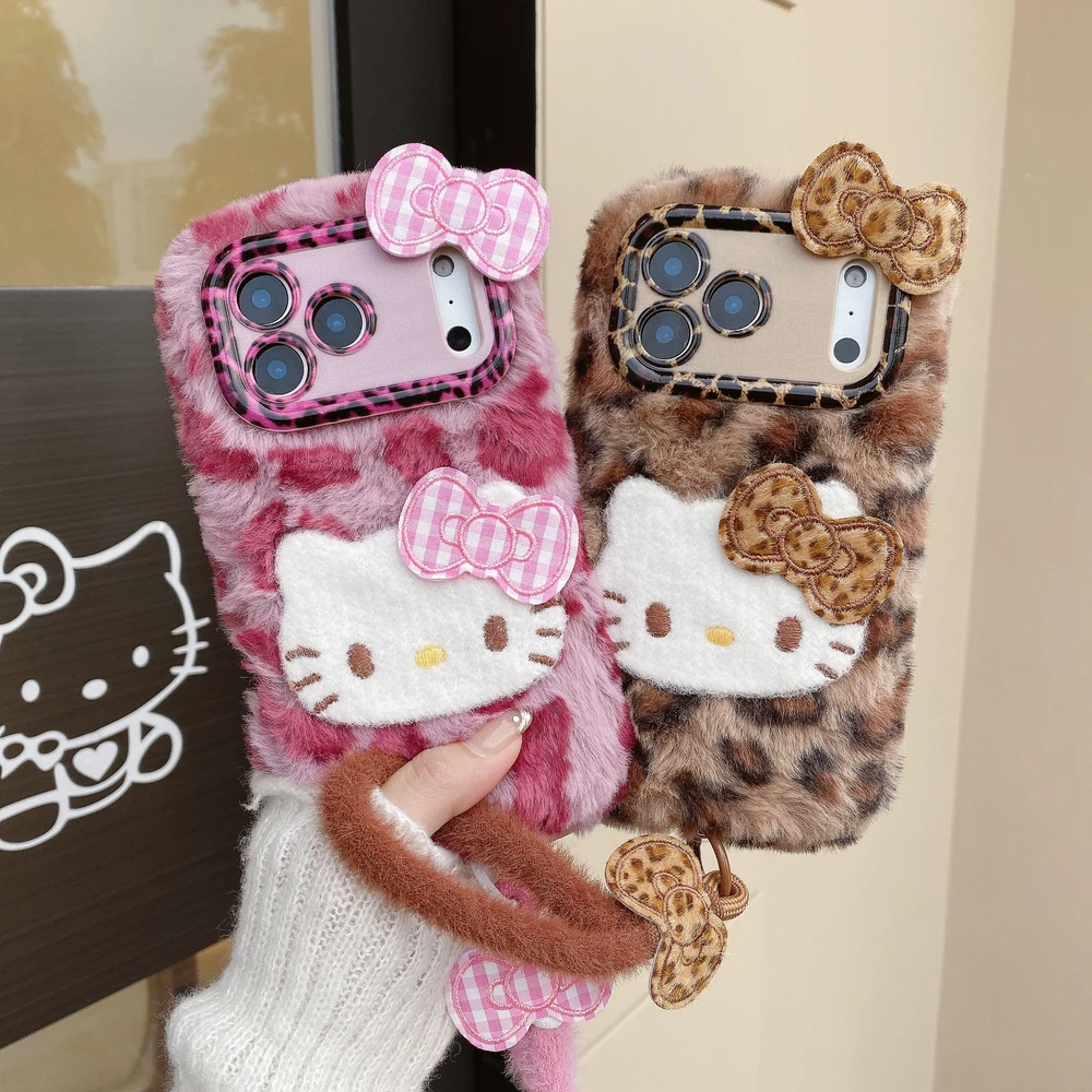

Sanrio Hello Kitty, милый мультяшный леопардовый пушистый теплый зимний плюшевый чехол для телефона для iPhone 17, 16, 15, 14, 13, 12, 11 Pro Max, чехол