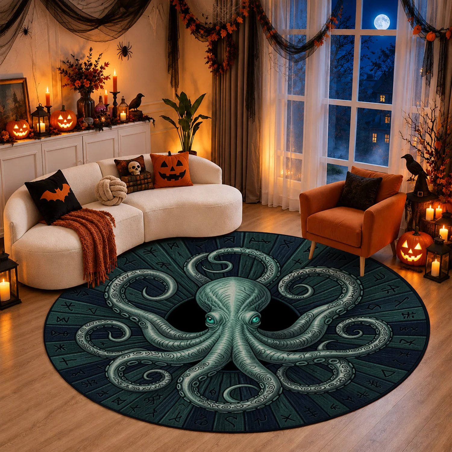 Octopus Rune Pattern Round Velvet Rug Machine Washable for Living Room Bedroom Dining Room Halloween Thanksgiving Christmas New Year Black Friday Cyber Monday