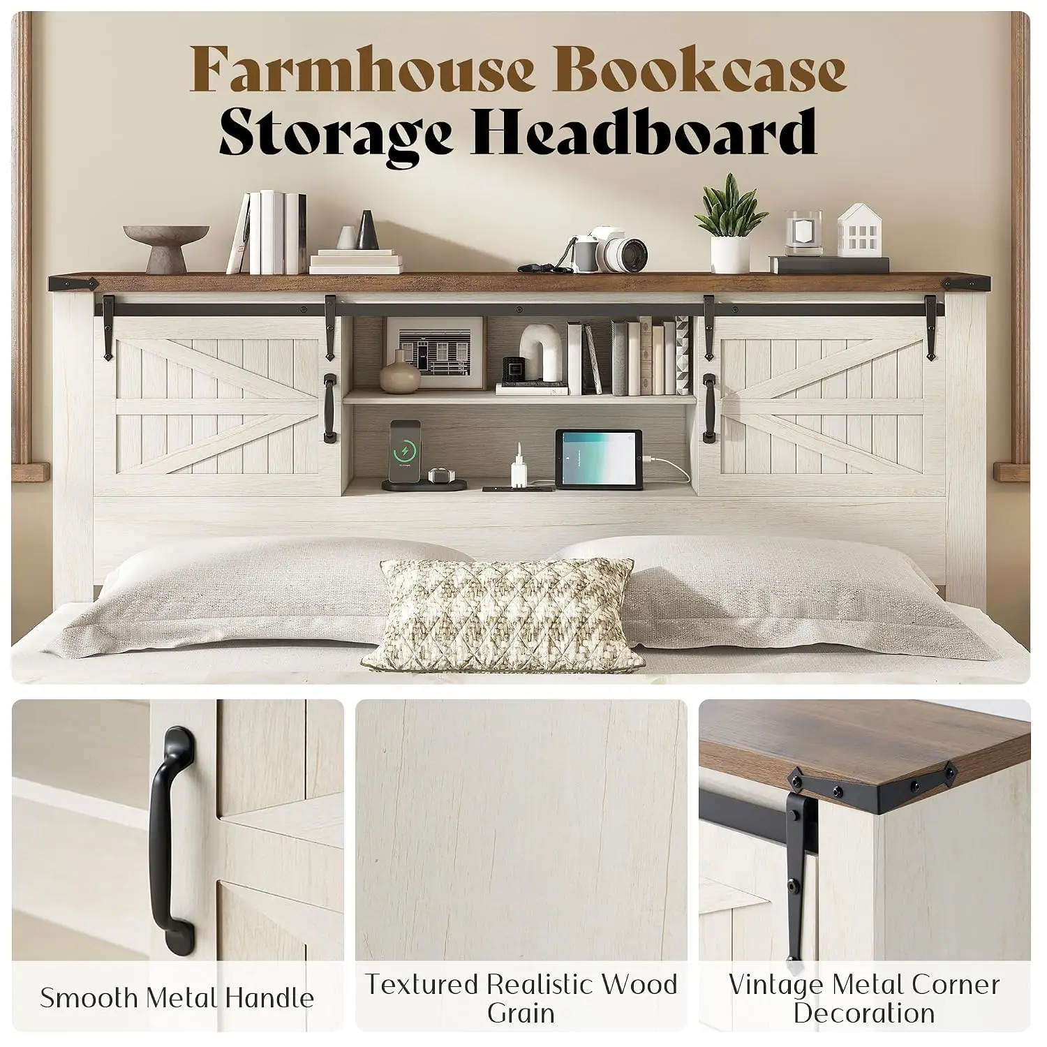 King Farmhouse Platform Bed Frame with Storage Headboard, Custom view 2