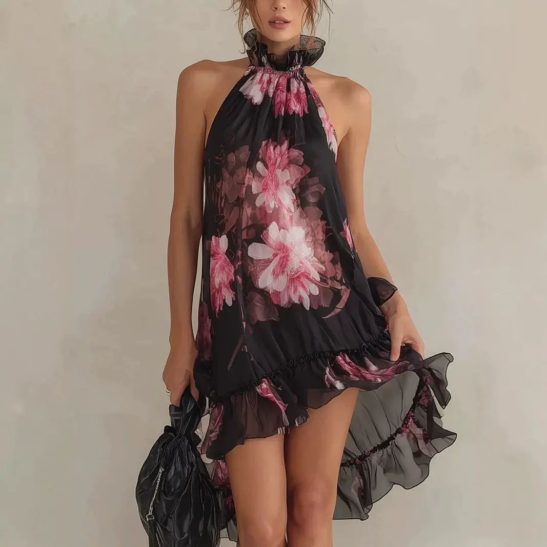 Elegant Halter Off Shoulder Party Mini Dresses Woman Summer Floral Print Chiffon Short Dress Boho Sleeveless Summer Beach Dress