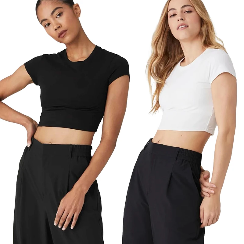 

Summer Women O-neck Short-sleeve T-shirt Slim Elastic Skinny Crop Tops