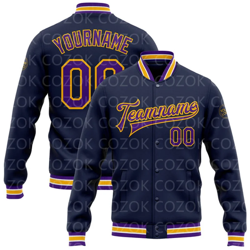 

Custom Black Gold Purple 3D Printed Baseball Button Jacket Bomber Full-Snap Varsity Letterman Jacket