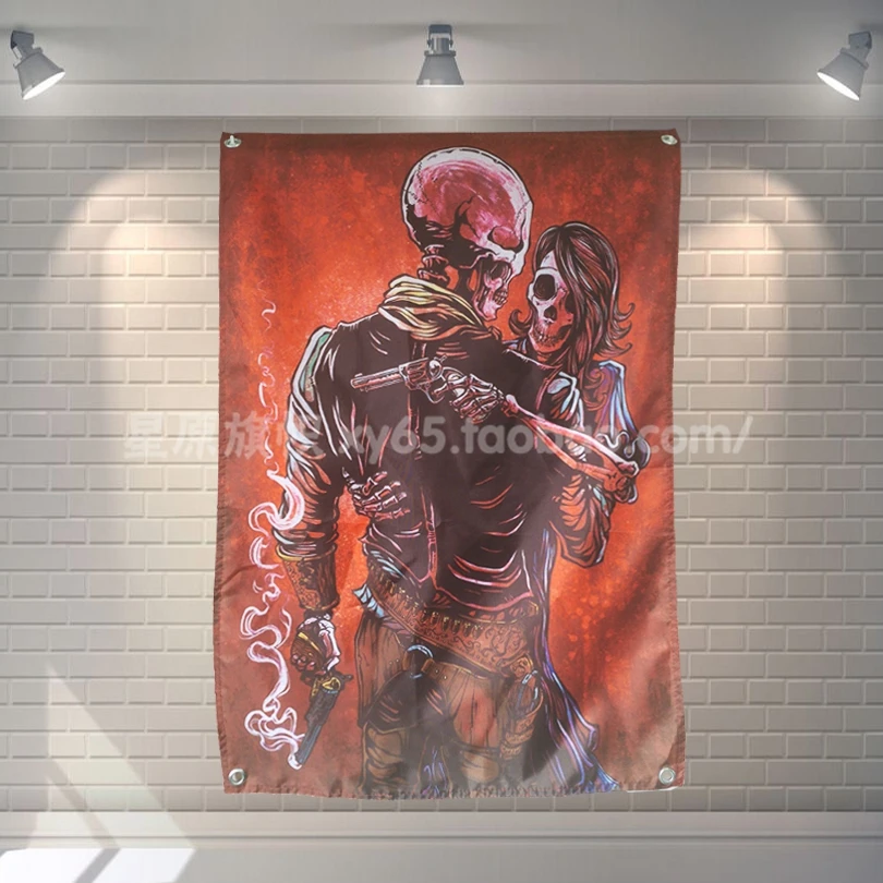 

Retro Industrial Style Skeleton Gunman 56X36 inches large banner retro rock band logo poster cloth painting Bar Cafes home decor