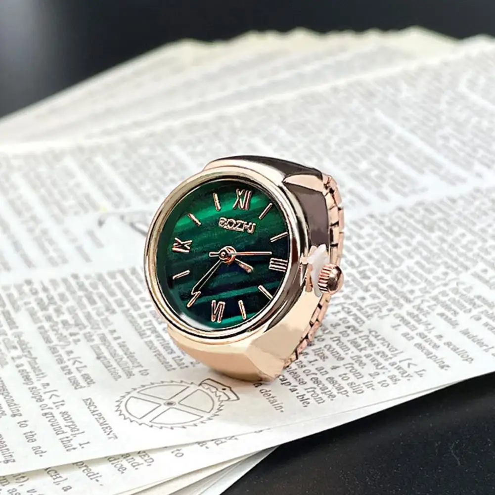 Women Finger Watch Elegant Stainless Steel Band Couple Watch with Green Dial Fashionable Finger Ring Timepiece for Men Women