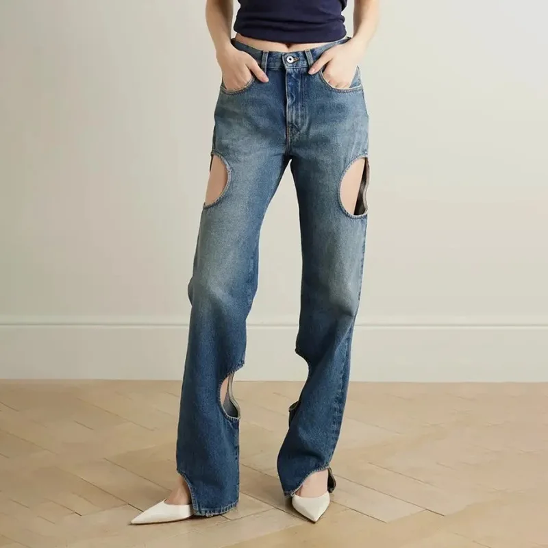 Fashion Casual Advanced Sense of Straight Leg Pants Spring New High-waisted Hollow Design Sense of Women's Jeans