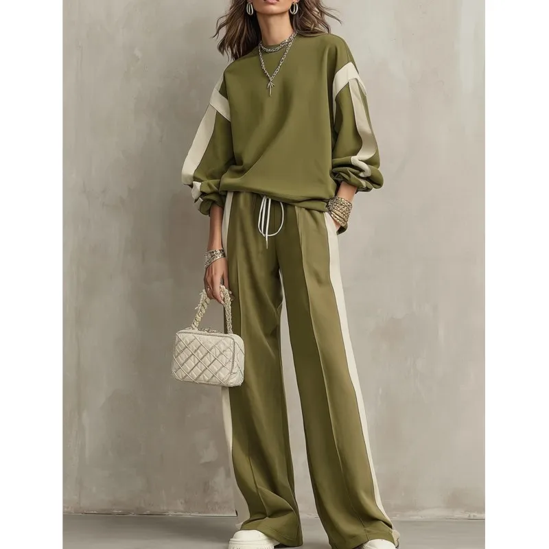 Women Color Block Tracksuit 2 Piece Outfit Long Sleeve O Neck Sweatshirt Drawstring Wide Leg Pants Set Casual White Stripe Suits