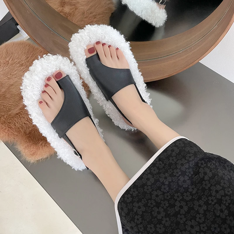 Fashion Womens Shoes 2024 Female Sandal Flip Flops Platform Round Toe Fur Heels Luxury Spring Low Girls Outside Flat Corrective