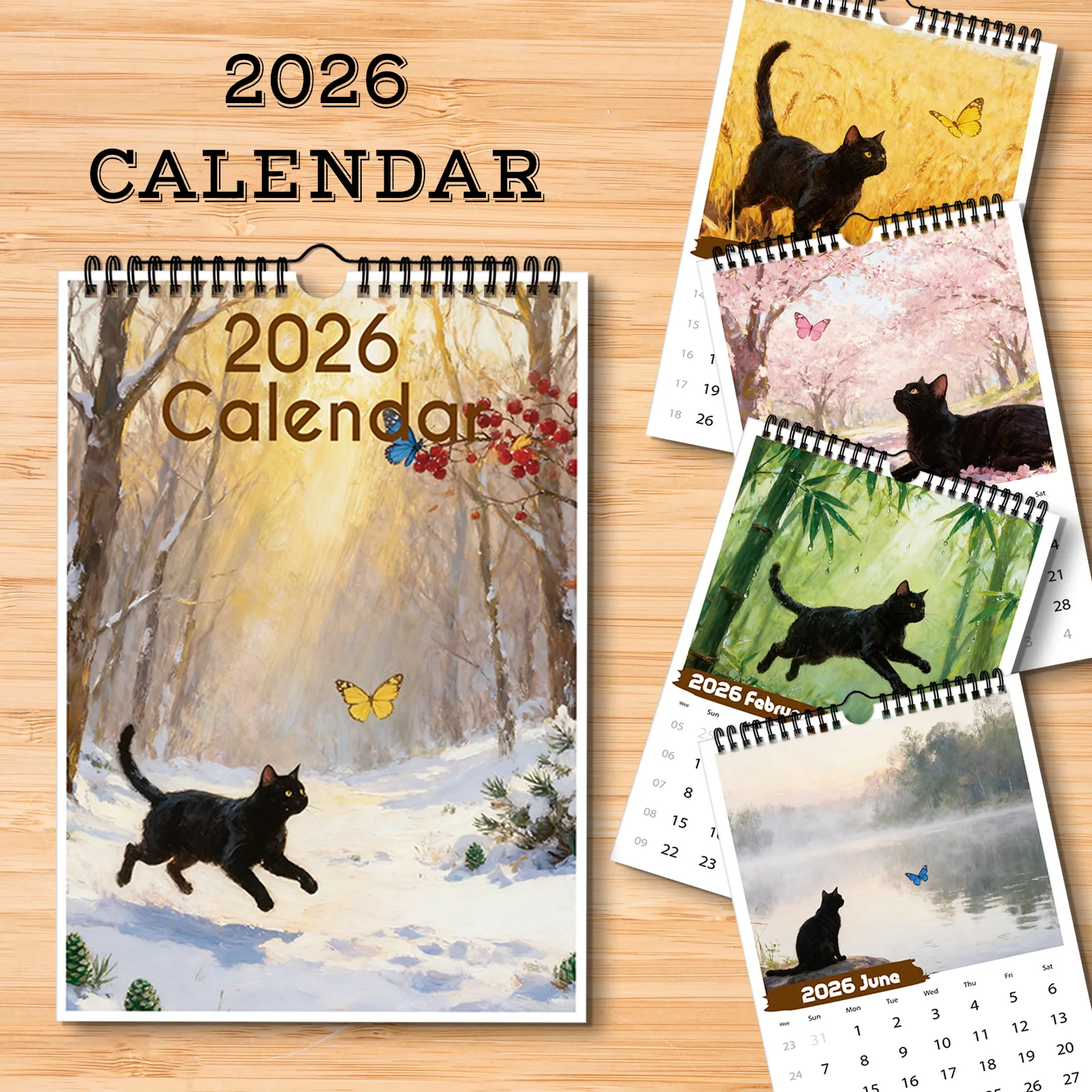 

1PC 2026 Black Cat Theme Calendar, Suitable for Date Checking and Home Decoration, Appealing and Comforting Gift for Friends