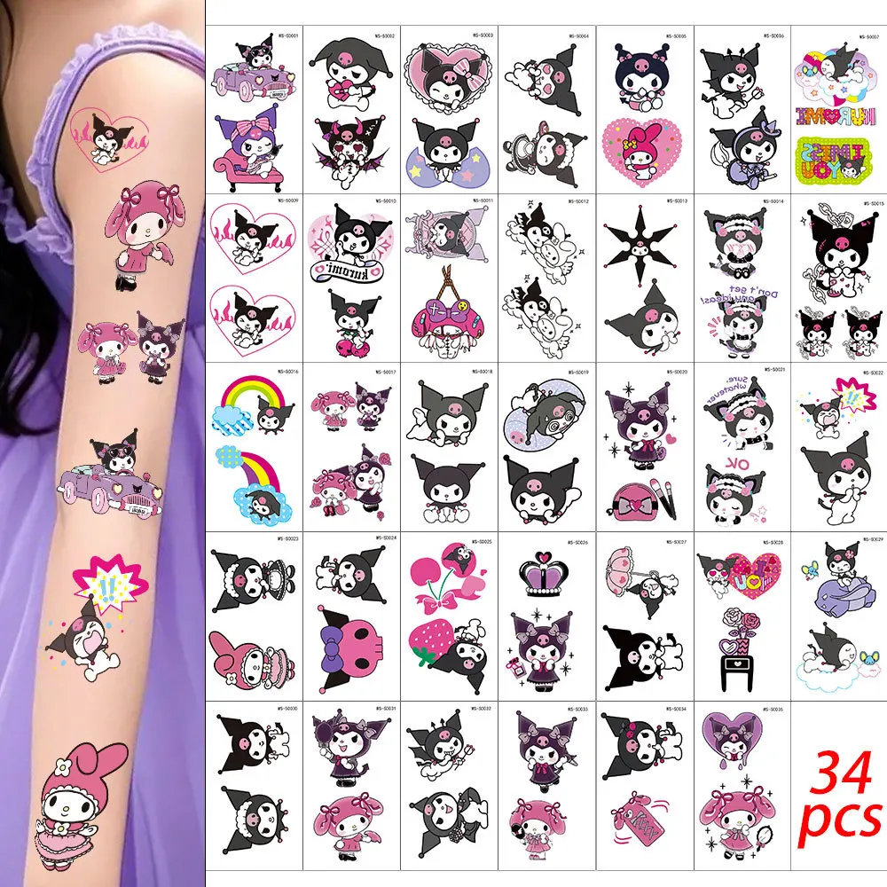 

34PCS Kuromi Temporary Tattoos Large Size Waterproof Cartoon Stickers Birthday Party Favors