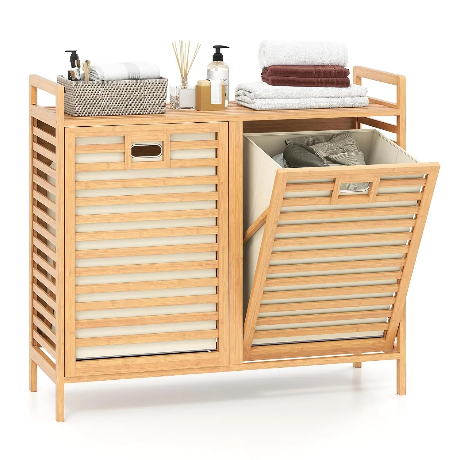 Bamboo Tilt Out Laundry Hamper Cabinet, Wicker Laundry Sorter, Customized