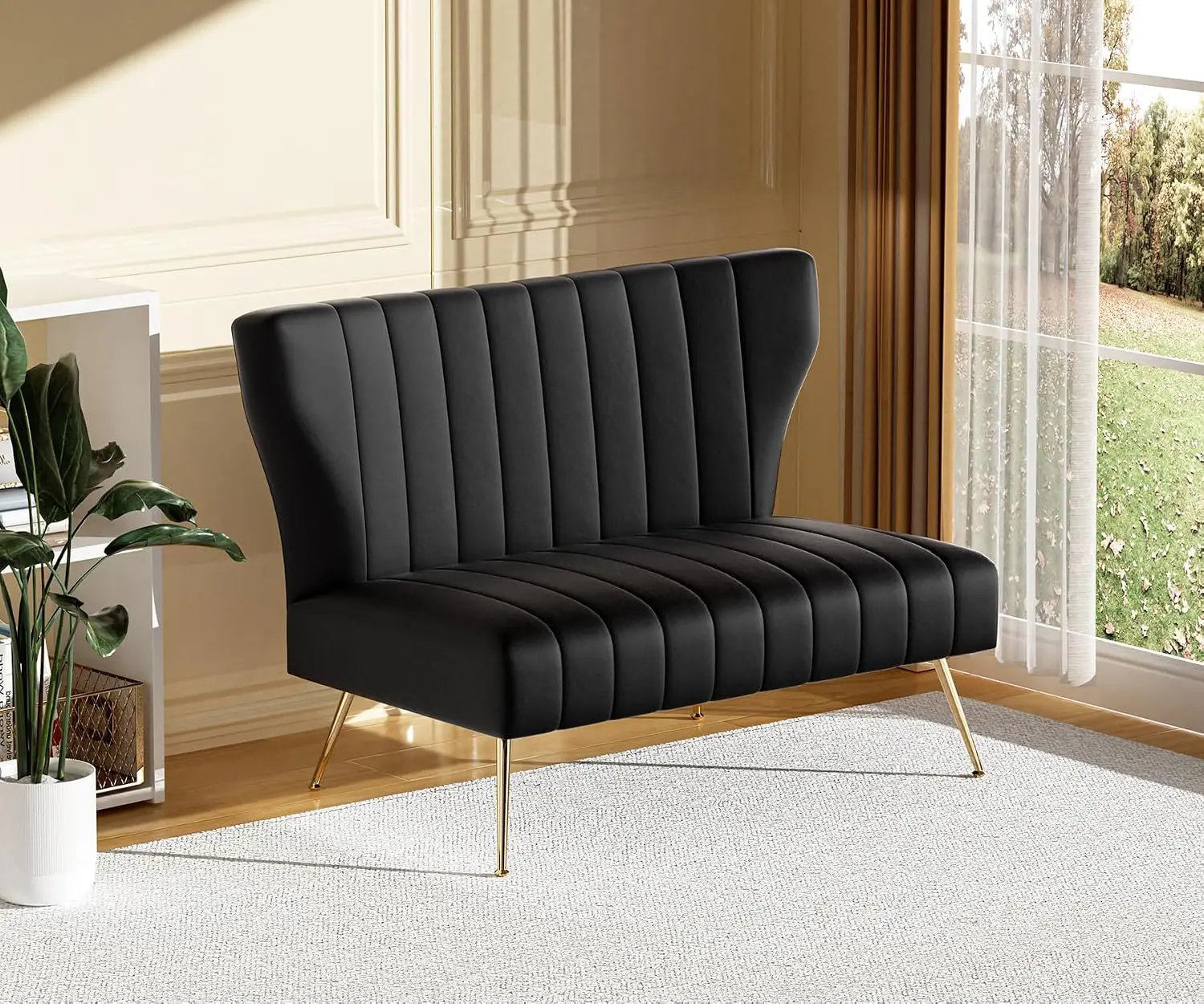 Velvet Armless Loveseat Wingback Sofa Gold Metal Legs 2 Seater Living Room Bedroom Black, Customized