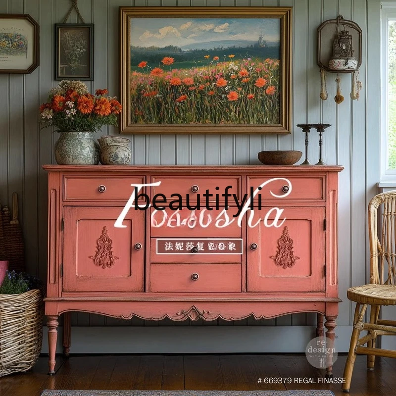 

French solid wood dining side cabinet, retro style against the wall, tea and wine cabinet, American carved storage cabinet