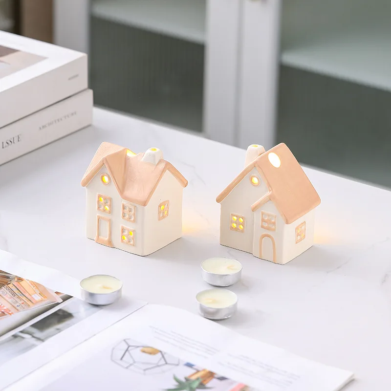 

Ceramic Hollow Small House Candle Holder Night Light Desktop Decoration Holiday Theme Candle Stand