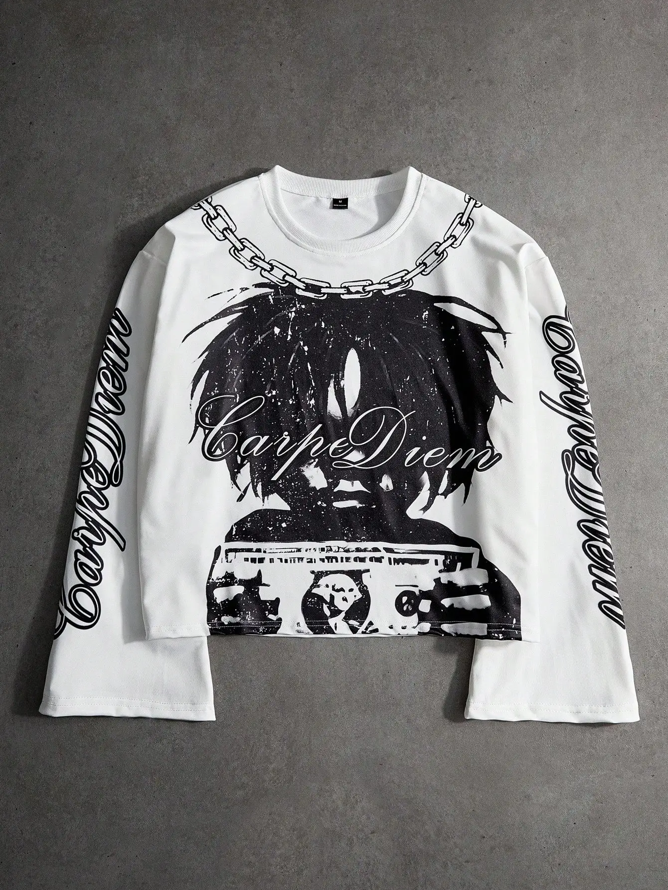 

Белый укороченный топ с длинными рукавами, графическим принтом, цепным узором и эффектом потертости, в уличном стиле, для повседневной носки или музыкальных фестивалей