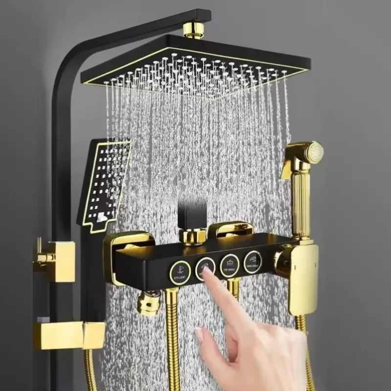 4 Function Piano Rainfall Thermostatic Shower Set Brass Body Bathroom Shower Faucet System