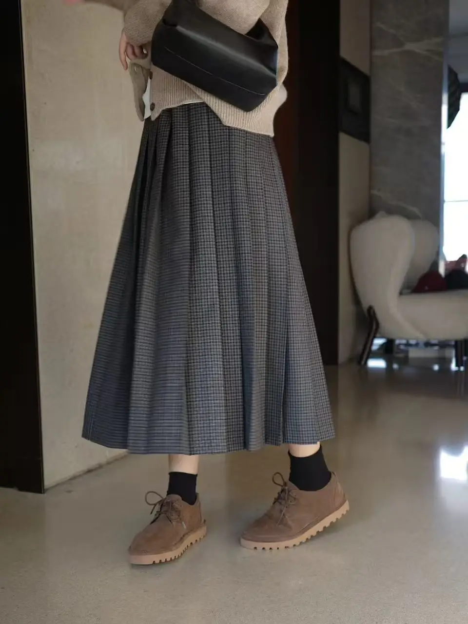 

Wool Plaid Skirt Autumn Winter High Waist A-Line Midi Skirt Business Casual Vintage Ageless Folded Half-length Skirt