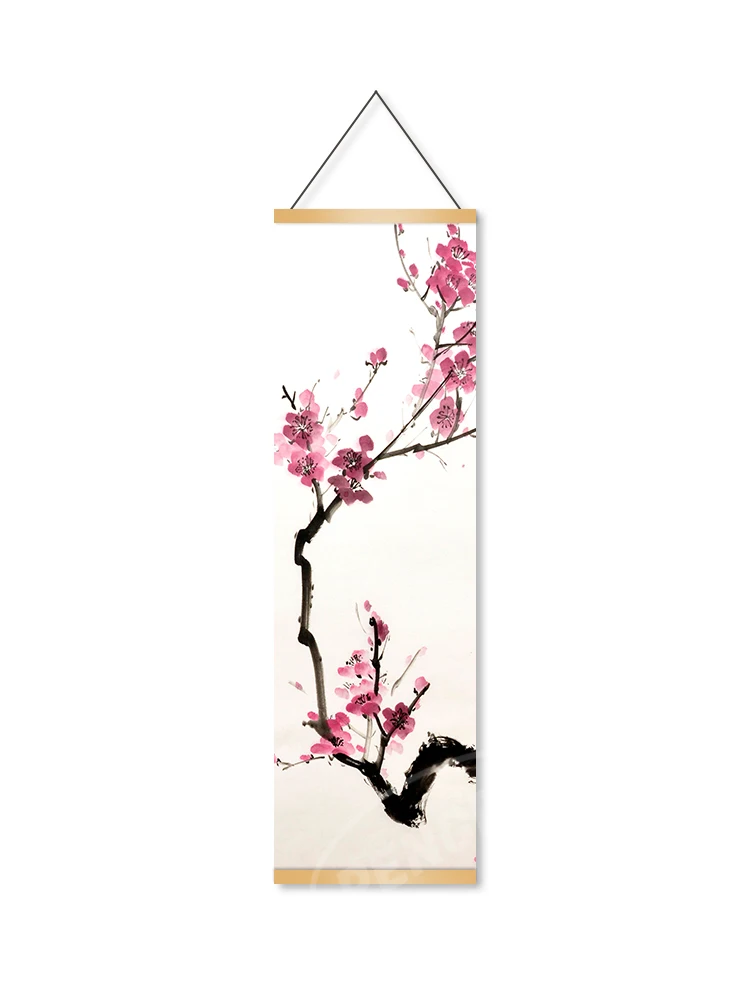 Nordic Wall Art Canvas Pictures Plum Blossom Landscape Poster Wooden Scroll Hanging Painting Printed Home Living Room Decoration