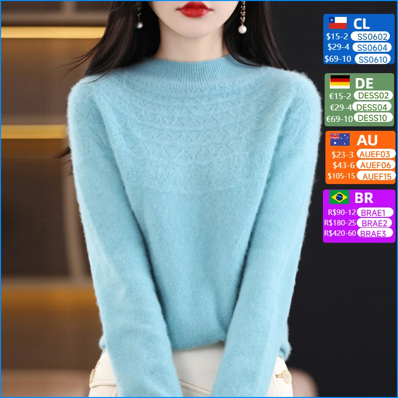 

100% Merino Wool Sweater Women Mock Collar Hollow Pullover Autumn Winter Cashmere Jacquard Clothing Long Sleeve Bottoming Tops