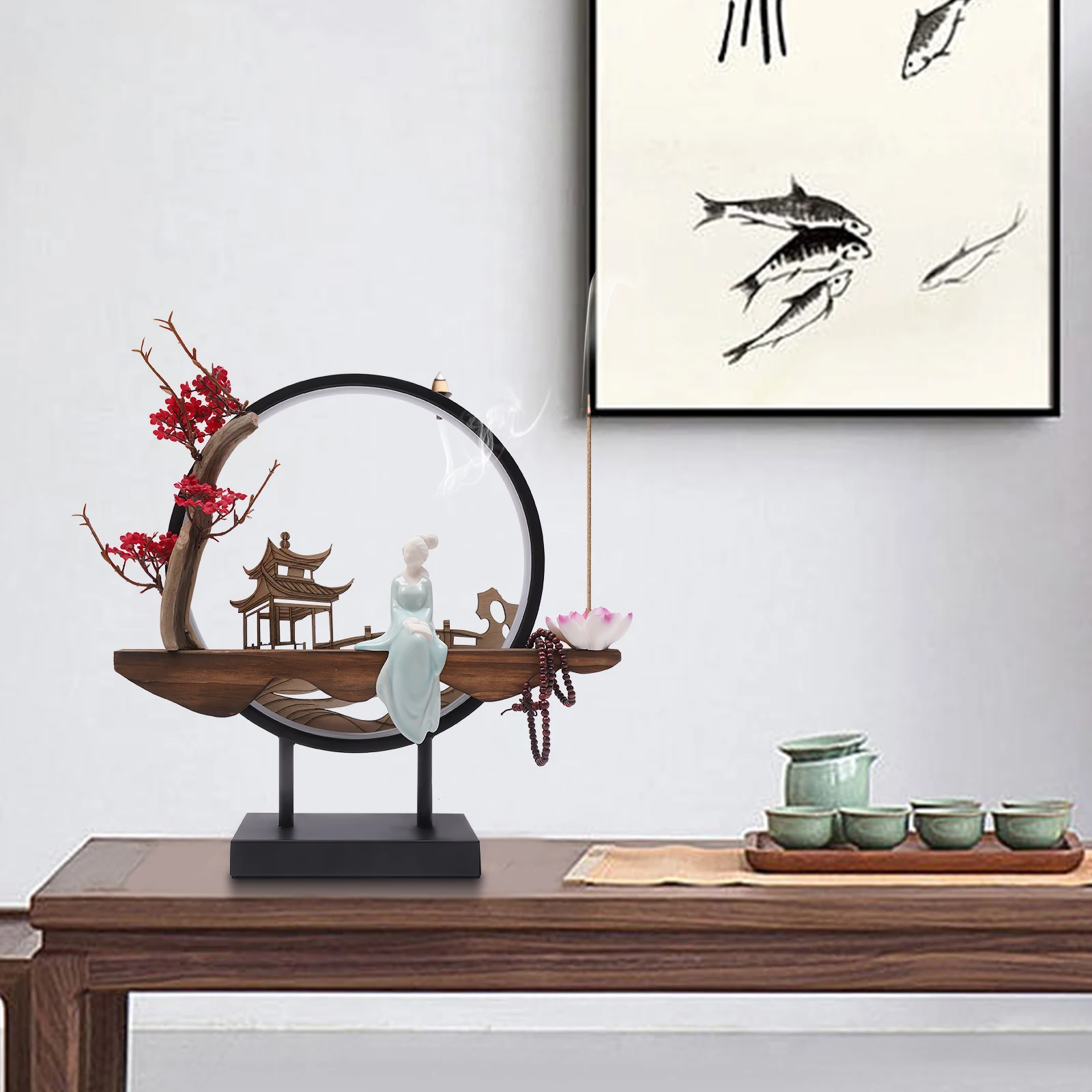 حامل بخور ديكور منزلي مزود بإضاءة - نباتات حية + هيكل عظمي (أبيض ترانكييل)، يناسب غرفة المعيشة/المكتب/السبا سطوع قابل للتعديل