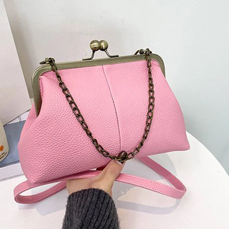 Vintage Soft Skin Shell Bag New Lychee Pattern Handbag Simple And Versatile Shoulder Bag Clip Chain Crossbody Women\'s Bag